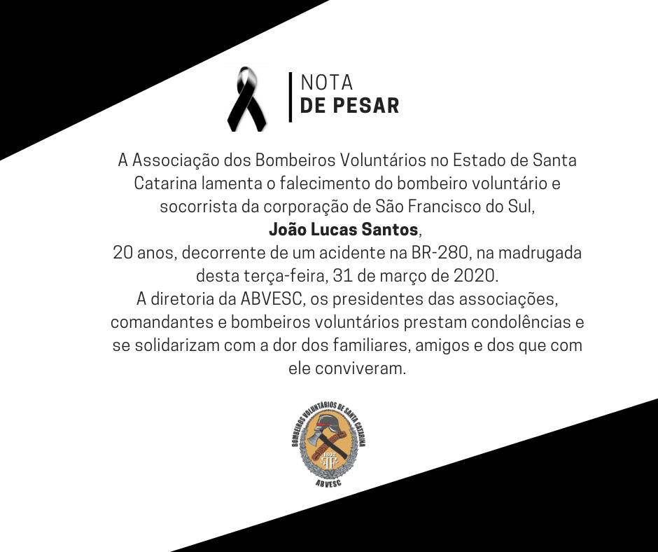 Nota de pesar  ABVESC lamenta falecimento de bombeiro voluntário 0